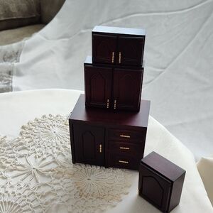 Charming Brown Dollhouse Cabinet Set